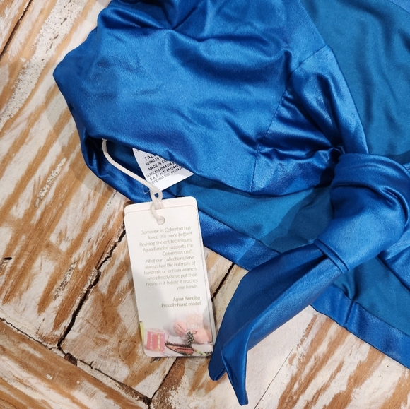 NWT Agua Bendita Calista Blue Shimmer Puff-Sleeve Bikini‎ Crop Top 3XL - Picture 5 of 5